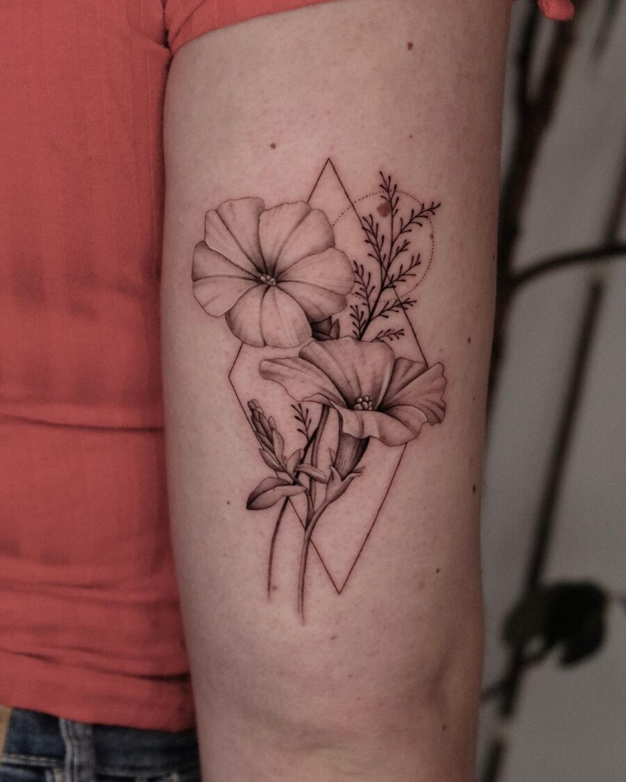 Elegant petunia tattoos with geometric accents Tattoo Design