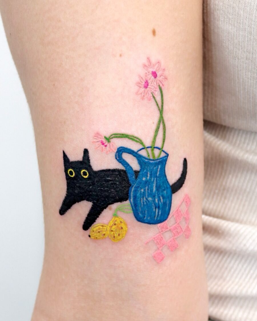 Playful black cat with vibrant petunia tattoo Tattoo Design