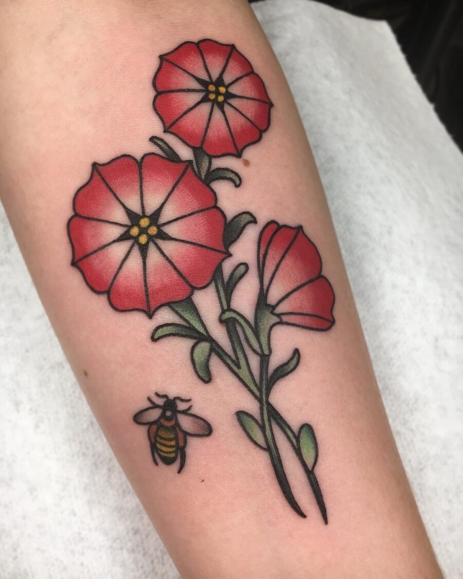 Vibrant red petunia tattoo with a buzzing bee Tattoo Design