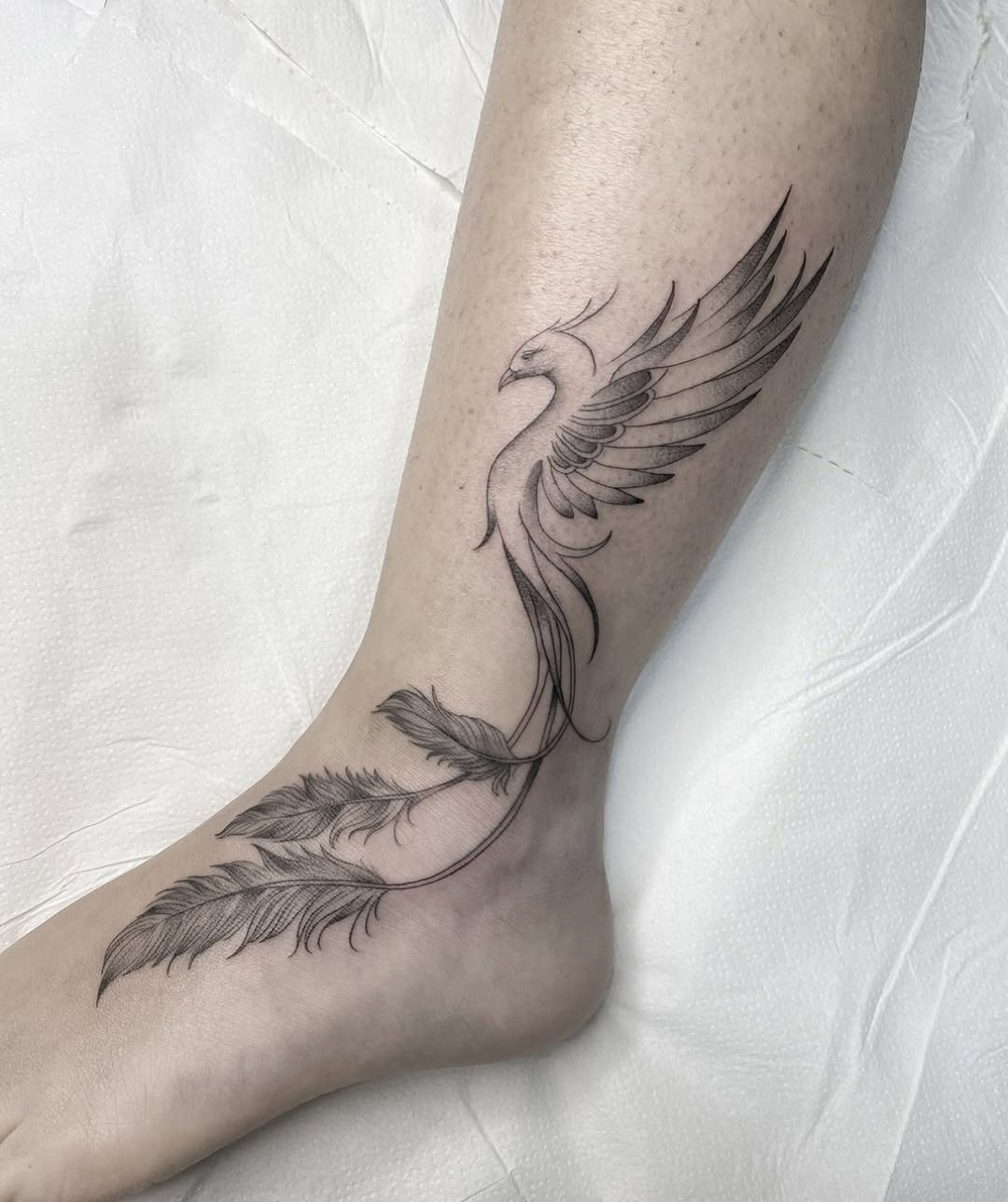 Elegant black phoenix tattoo with feather details. Tattoo Design