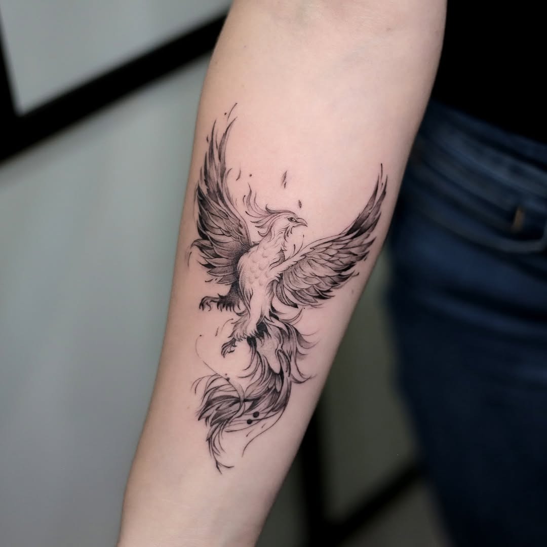Stunning black phoenix tattoo on forearm Tattoo Design