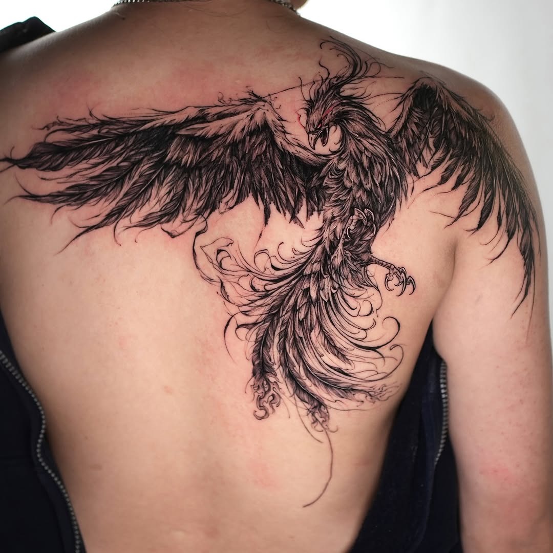 Stunning Phoenix Tattoo Across the Back Tattoo Design