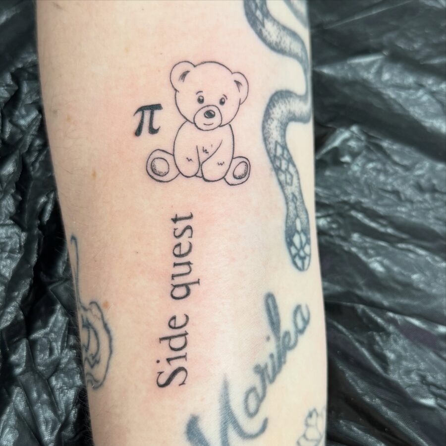 Adorable teddy bear pi tattoo with words Tattoo Design