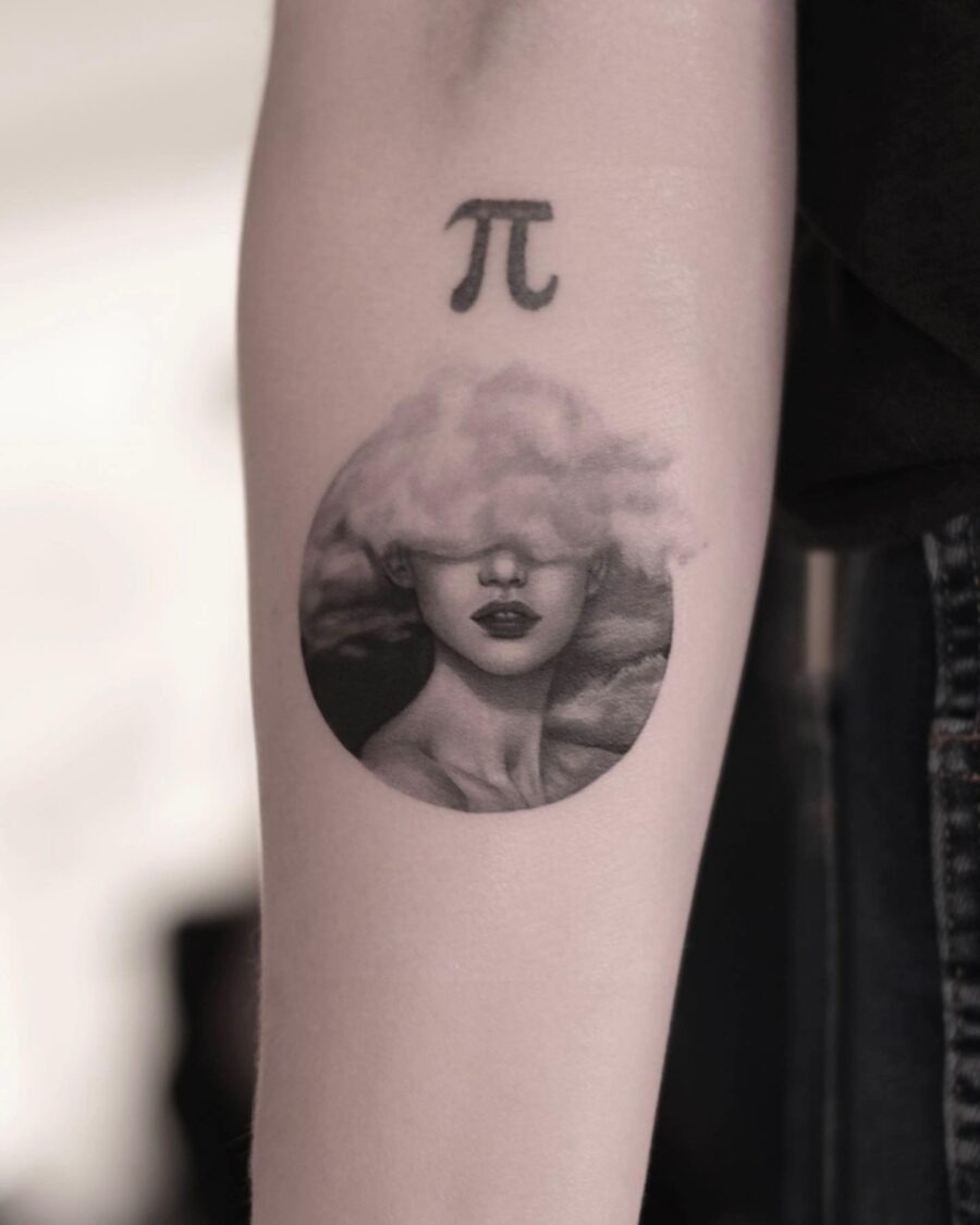 Intriguing pi tattoo with ethereal woman imagery Tattoo Design
