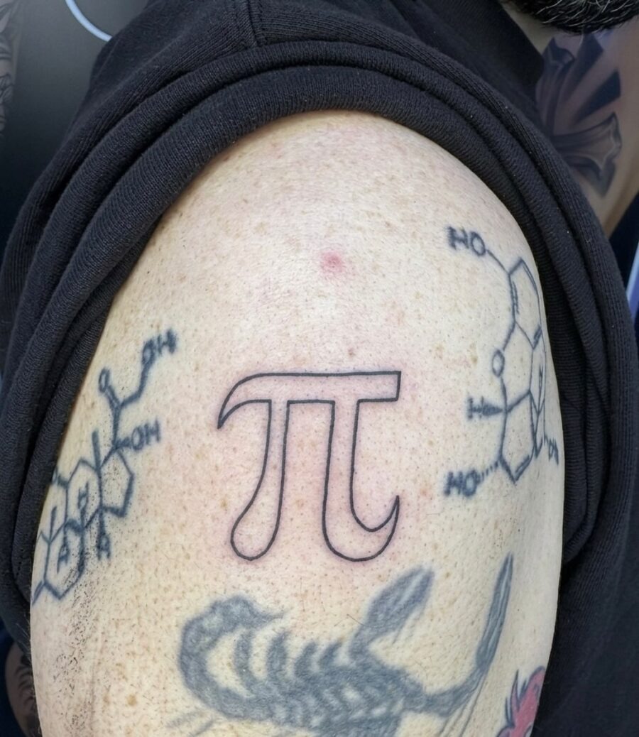 Unique pi tattoo with molecular designs Tattoo Design