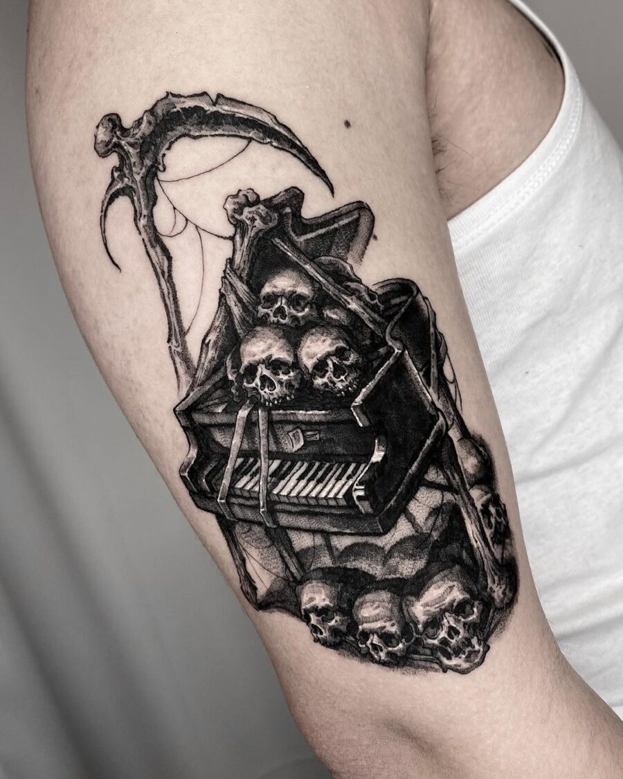 Dark piano tattoo with skeletal vibes Tattoo Design