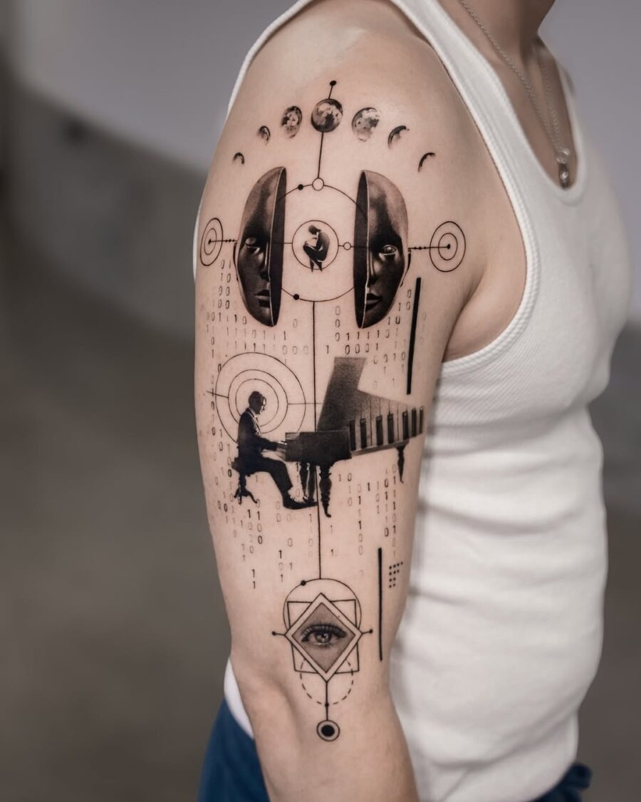 Futuristic piano tattoo with celestial elements Tattoo Design