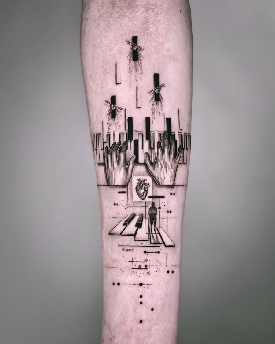 Intricate piano tattoo blending art and emotion Tattoo Design