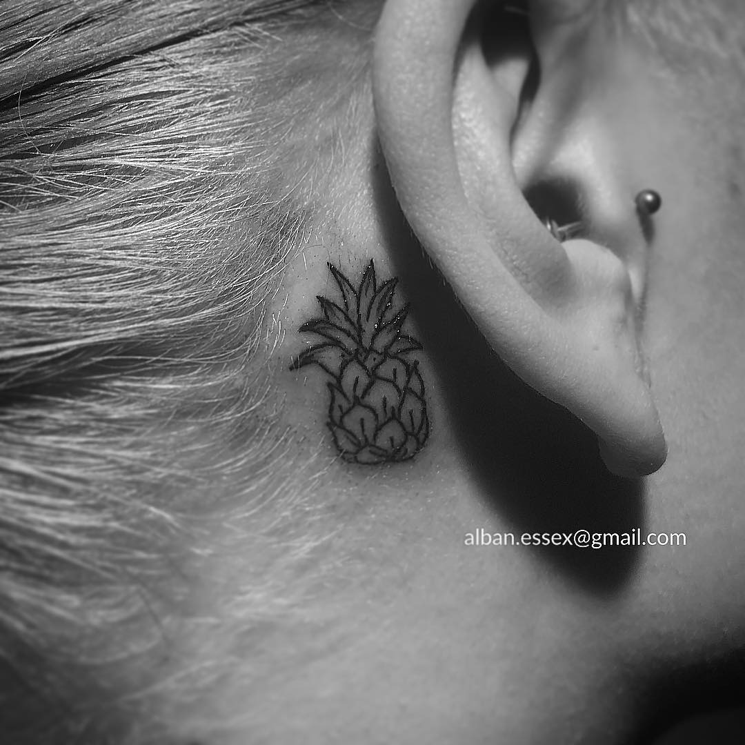 Stylish minimalist pineapple tattoo behind the ear Tattoo Design