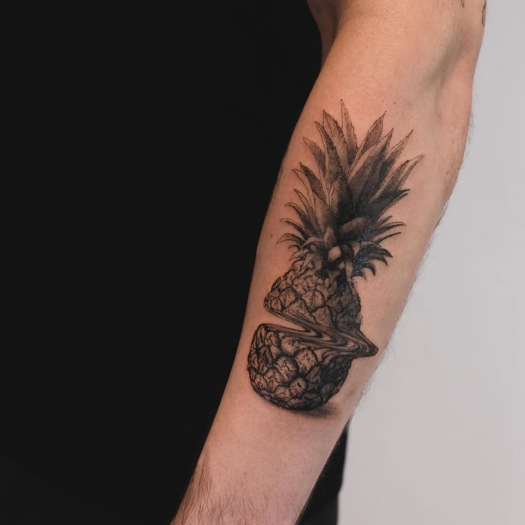 Vibrant pineapple tattoo on athletic leg Tattoo Design