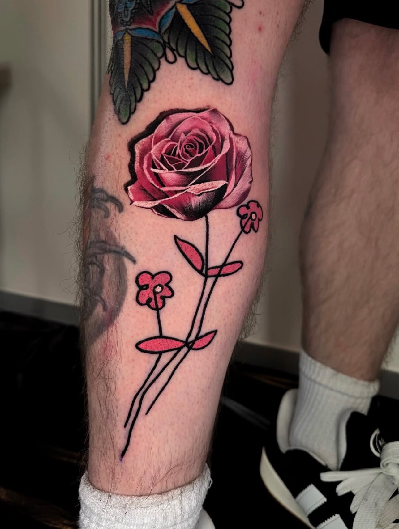 Beautiful pink rose tattoo on leg Tattoo Design