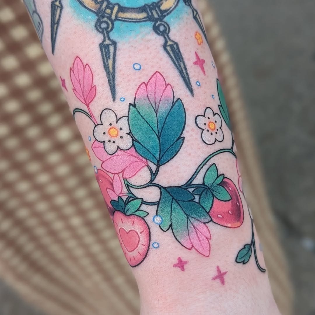 Colorful Pink Strawberry and Flower Tattoo Design Tattoo Design