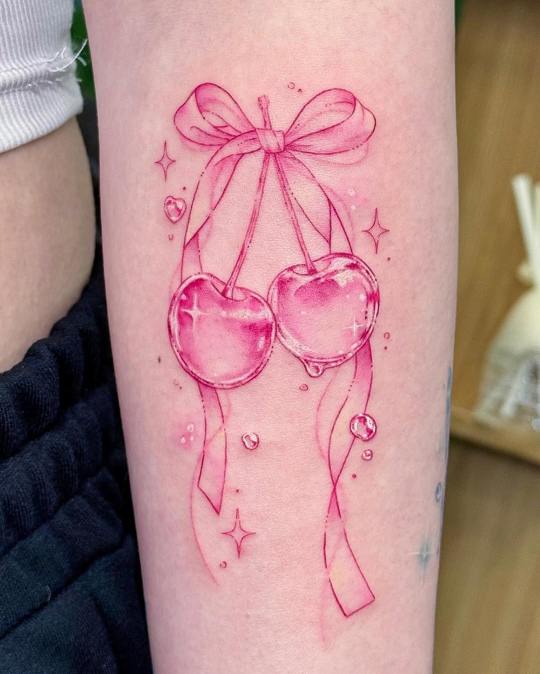 Delicate Pink Cherry Tattoo with Bow Tattoo Design