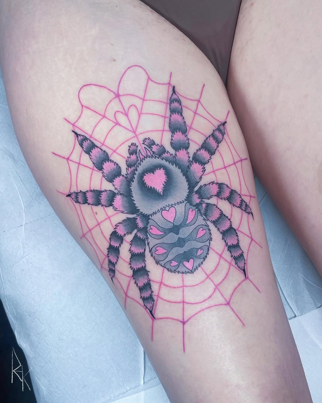 Intricate Pink Spider and Web Tattoo Art Tattoo Design