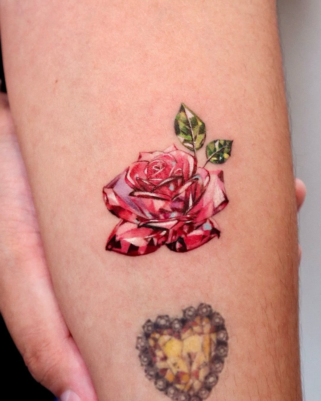 Vibrant pink rose with diamond-like details Tattoo Design