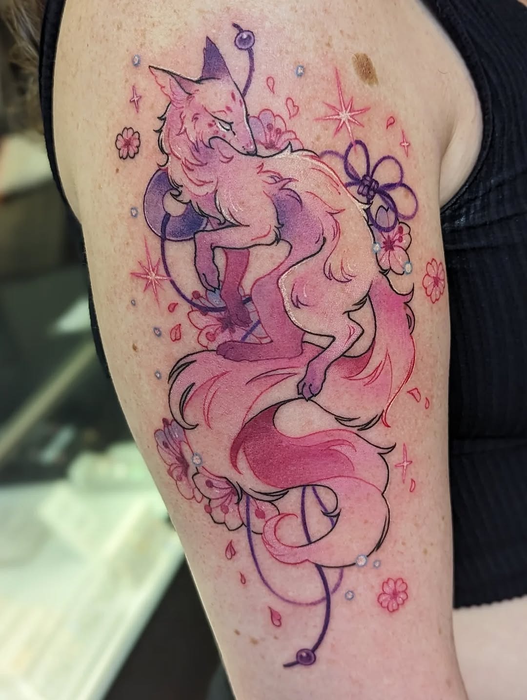 Whimsical pink fox tattoo exudes elegance Tattoo Design