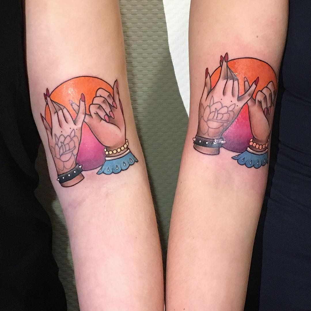 Charming pinky promise tattoos with sunset backdrop Tattoo Design