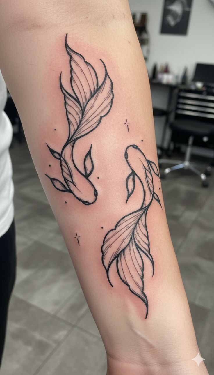 Botanical Fine Line Pisces Fish Tattoo Tattoo Design