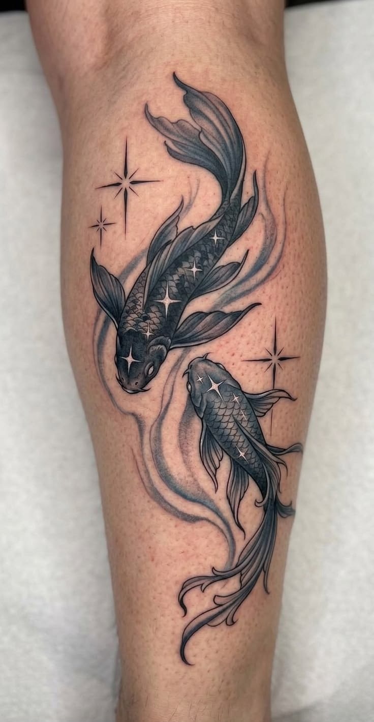 Celestial Blackwork Koi Calf Tattoo Tattoo Design
