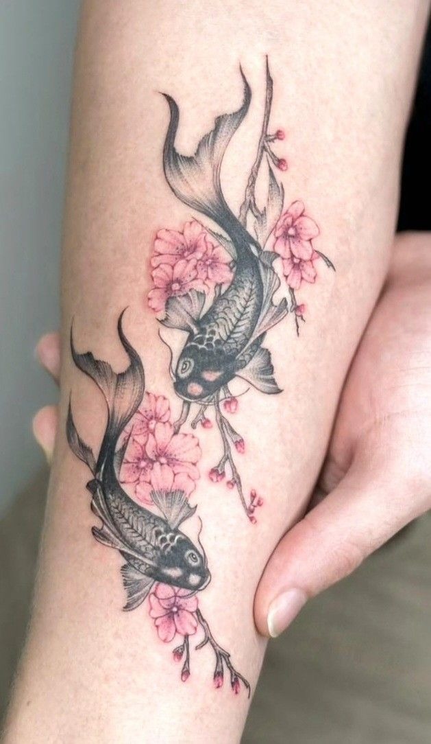 Pisces Koi and Cherry Blossom Tattoo Tattoo Design
