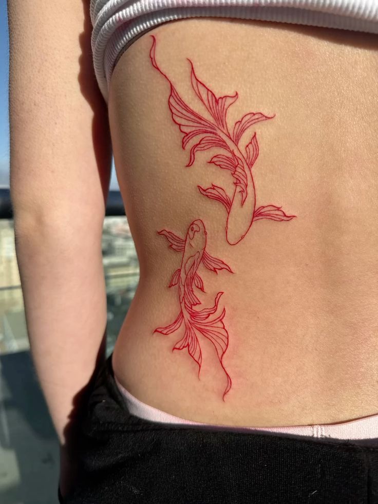 Red Fine Line Pisces Back Tattoo Tattoo Design