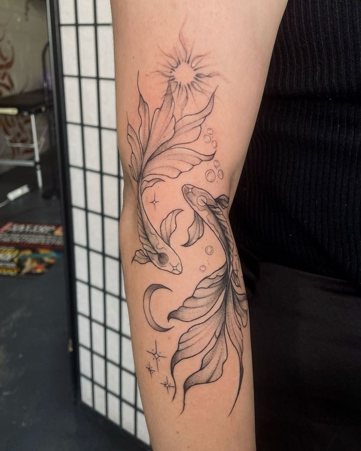 Sun and Moon Fine Line Pisces Tattoo Tattoo Design