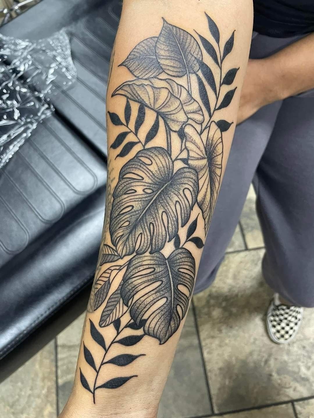 Blackwork Monstera Sleeve Flow Tattoo Design