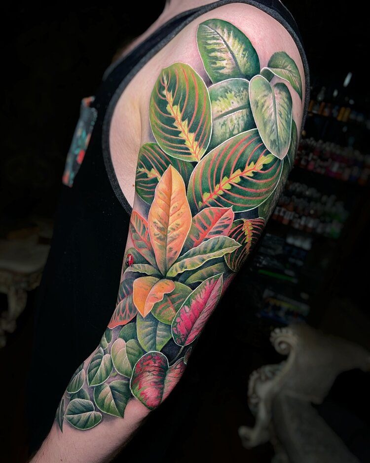 Full Color Tropical Plant Sleeve Tattoo Design