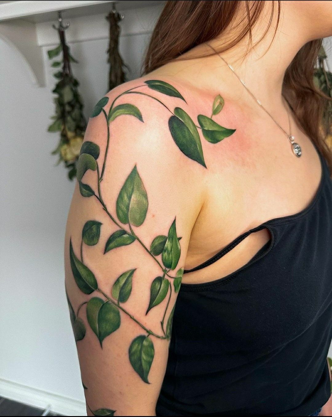 Green Vine Shoulder Sleeve Tattoo Design
