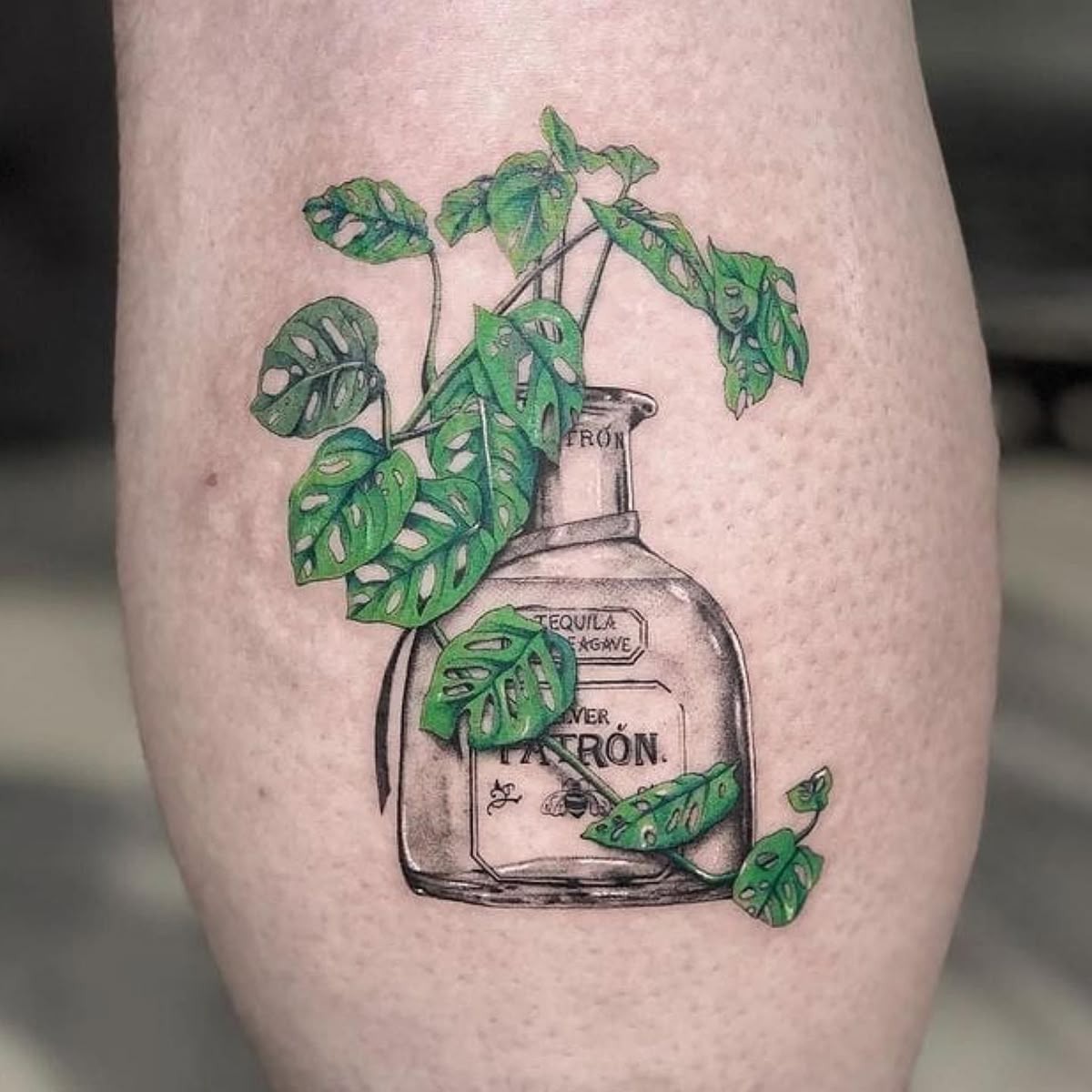 Monstera Growing Through a Bottle Tattoo Design
