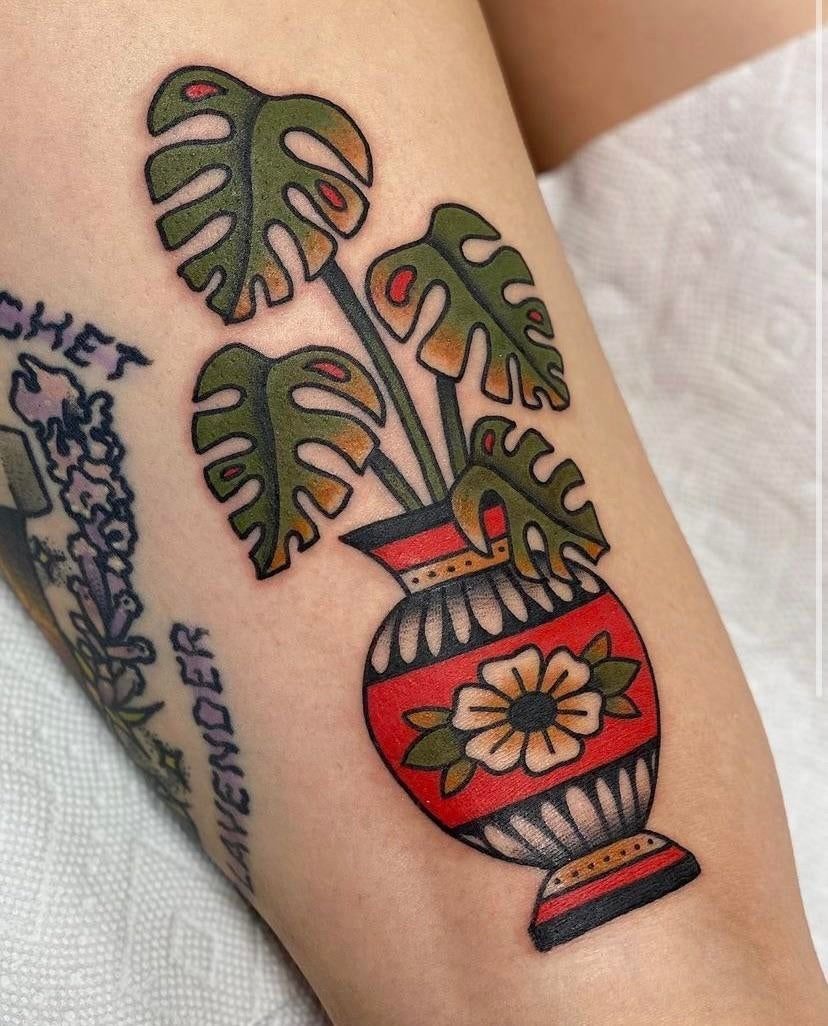 Traditional Potted Monstera Vase Tattoo Design