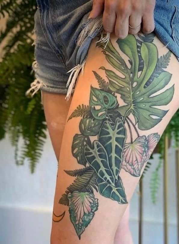 Tropical Thigh Garden Cluster Tattoo Design