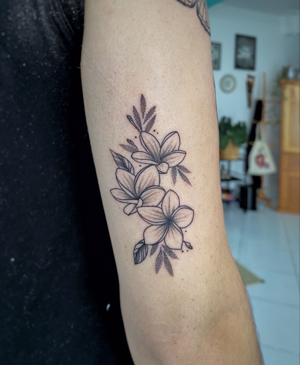 Botanical Plumeria Arm Arrangement Tattoo Design