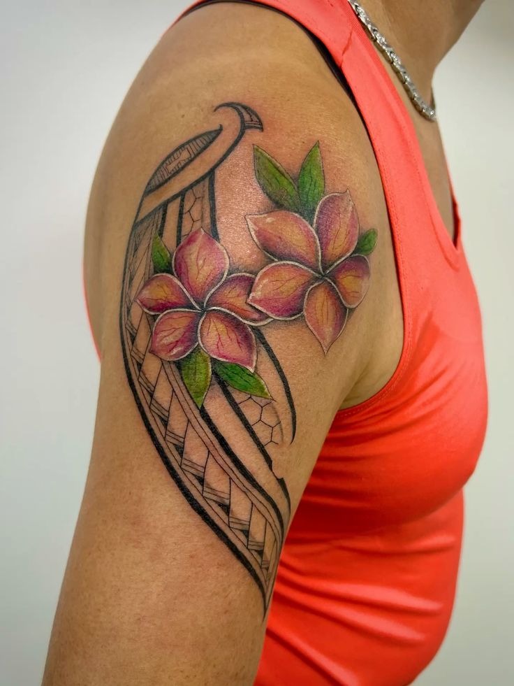 Hawaiian Surfboard and Plumeria Shoulder Tattoo Tattoo Design