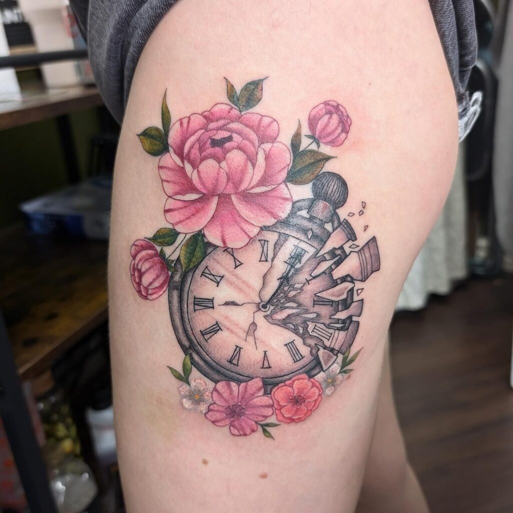 Birth Moment Pocket Watch Tattoo with Footprints Tattoo Design
