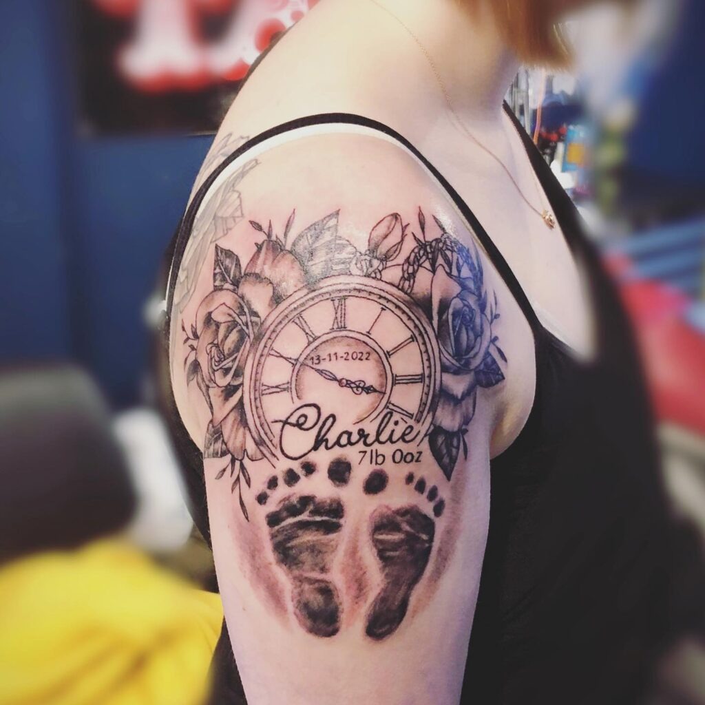 Colorful Pocket Watch and Roses Thigh Tattoo Tattoo Design