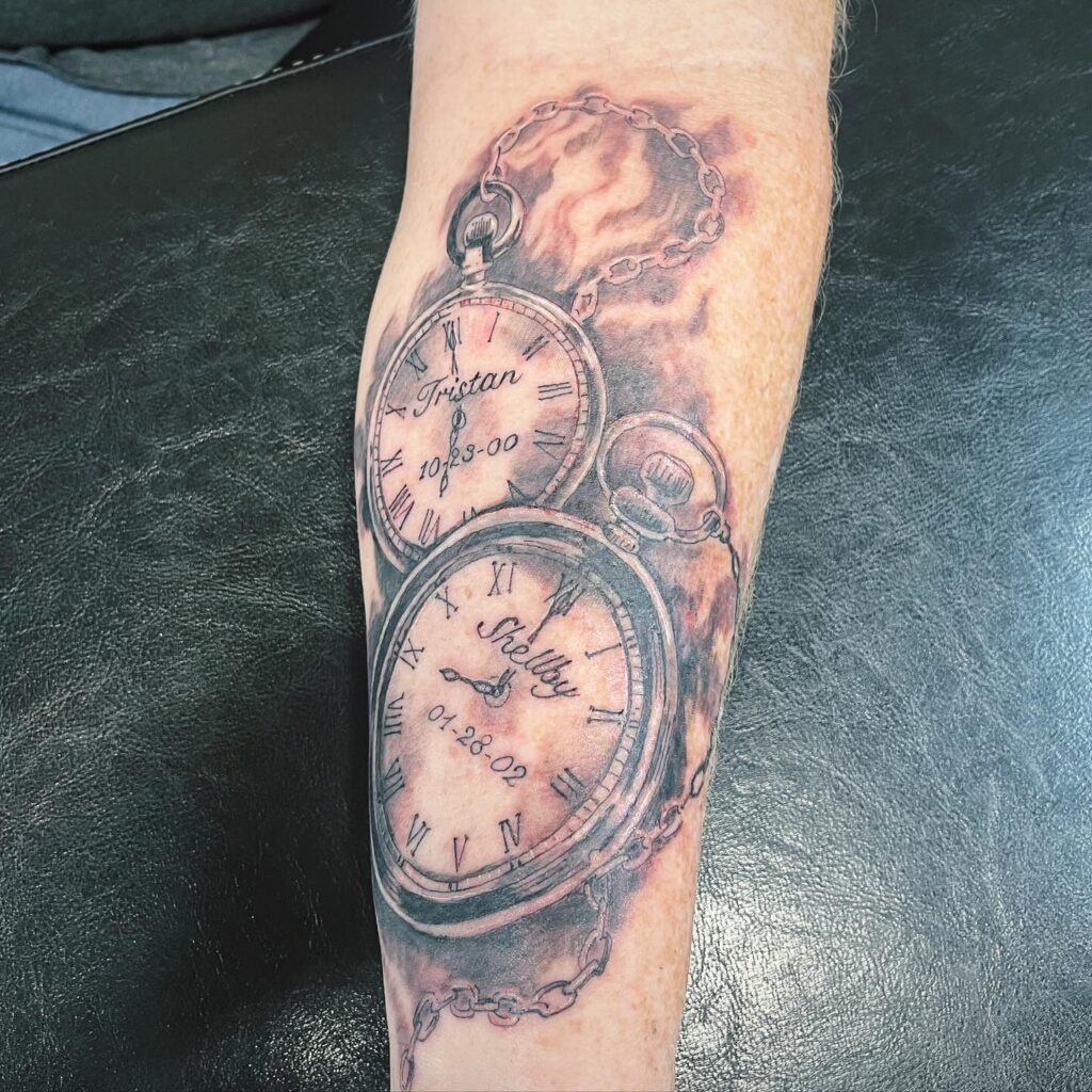 Elegant Floral Pocket Watch Tattoo with Name Tattoo Design