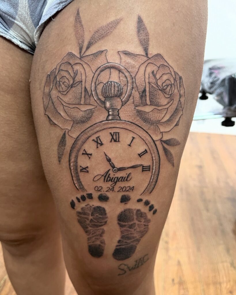 Family Pocket Watch Tattoo with Diamond Accent Tattoo Design