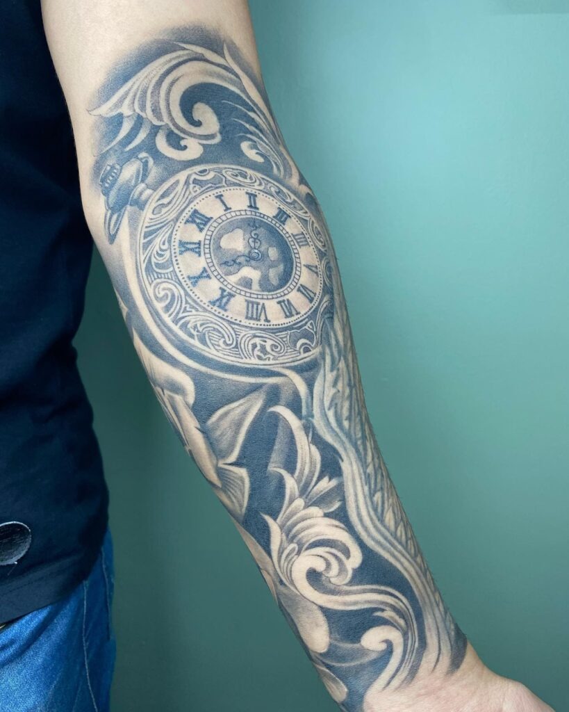 Floral Pocket Watch Chest Tattoo with Roman Numeral Date Tattoo Design