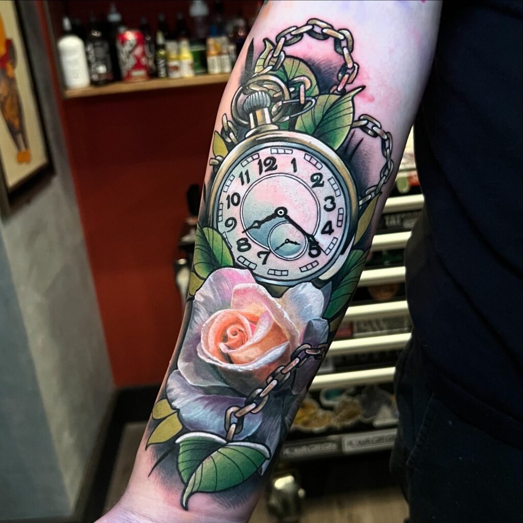 Forearm Tattoo with Angelic Portrait and Pocket Watch Tattoo Design