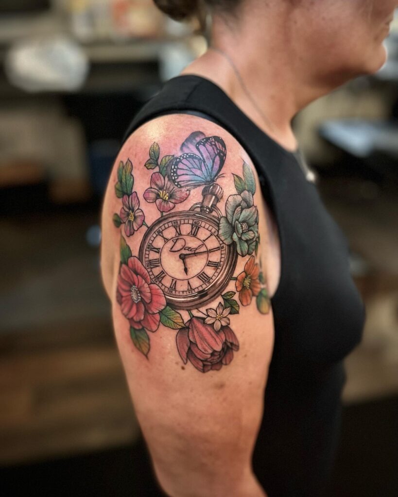 Heart-Shaped Pocket Watch and Roses Thigh Tattoo Tattoo Design