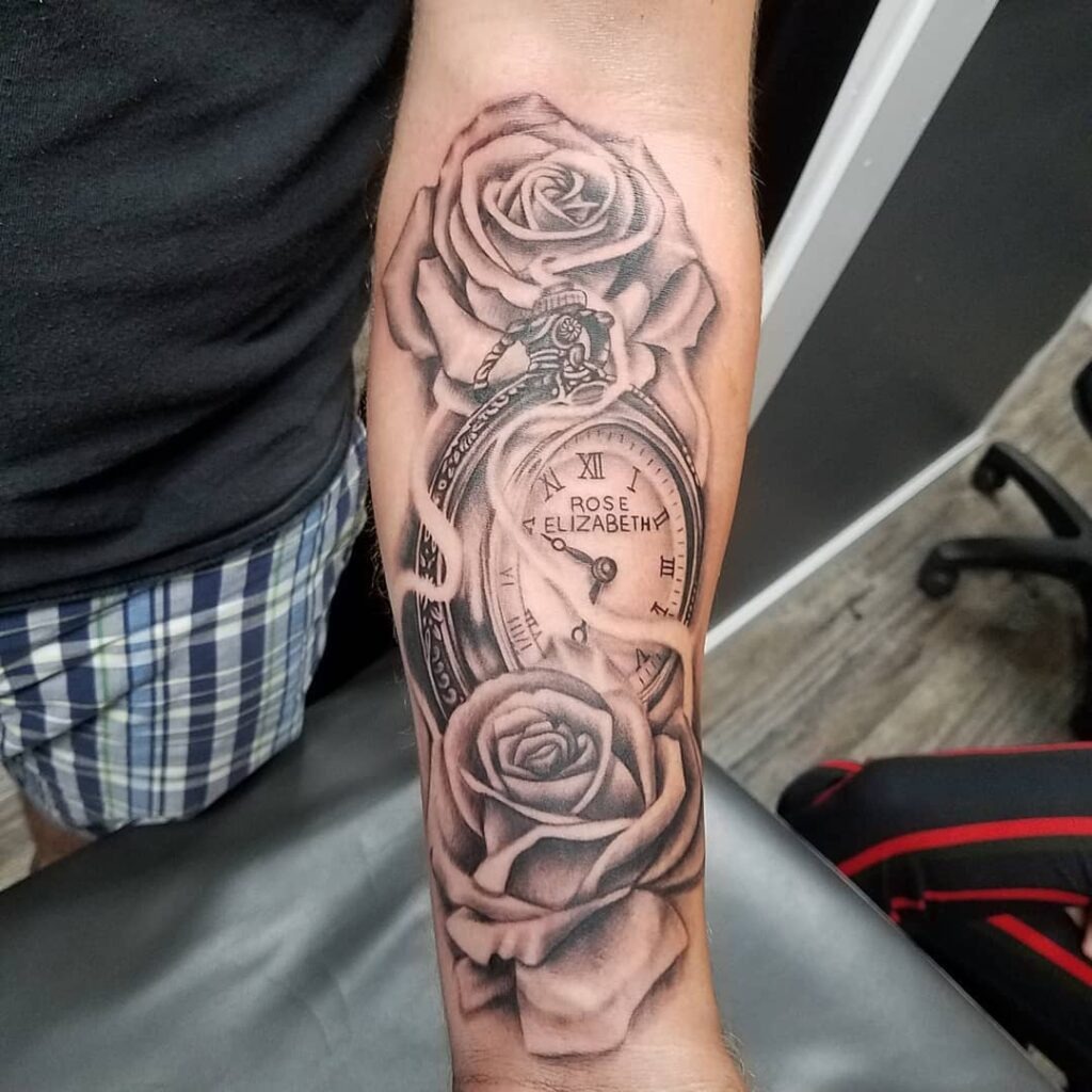 Heart-Shaped Pocket Watch Tattoos with Roses and Dates Tattoo Design