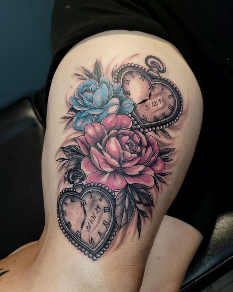 Heart-Shaped Pocket Watches with Children's Names Tattoo Tattoo Design