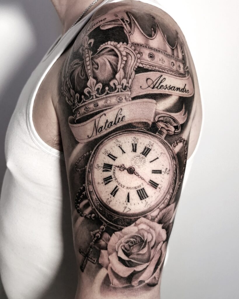 Memorial Pocket Watch Tattoo with Flowers and Butterfly Tattoo Design
