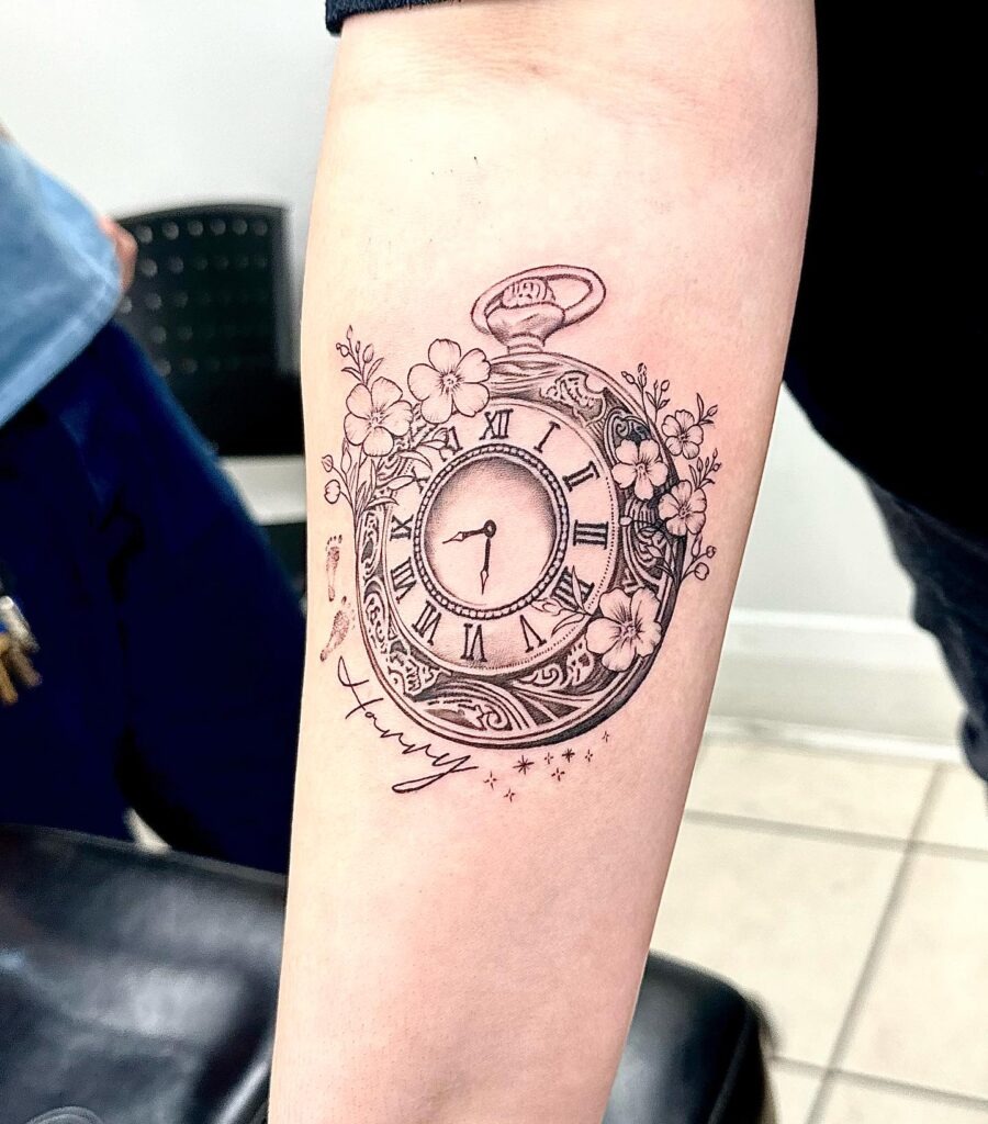 Minimalist Pocket Watch Tattoo with Name Tattoo Design