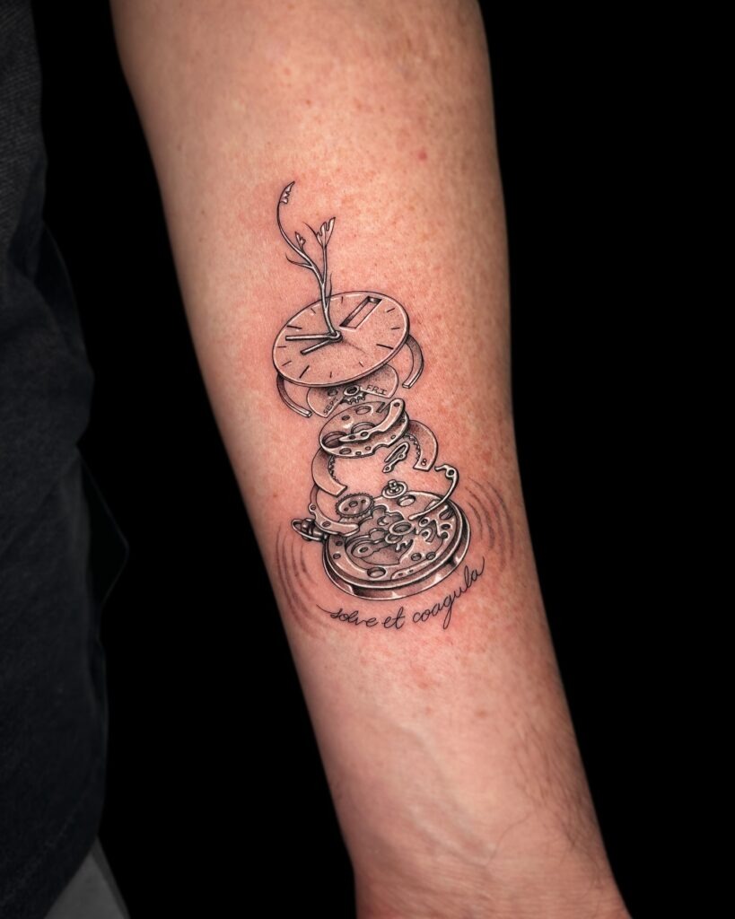 Neo-Traditional Pocket Watch and Rose Forearm Tattoo Tattoo Design