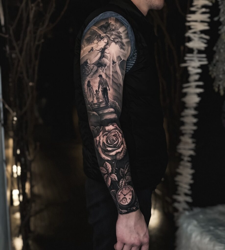 Ornate Pocket Watch Forearm Sleeve Tattoo Tattoo Design