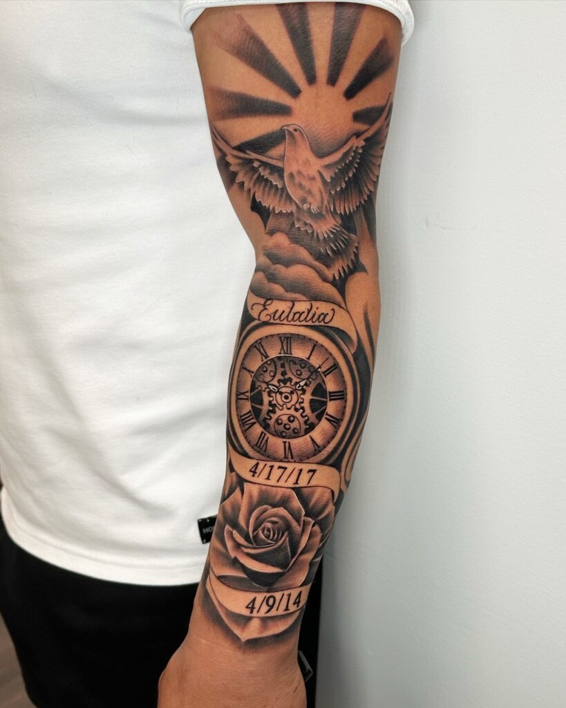 Personalized Pocket Watch Tattoo with Roses and Baby Footprints Tattoo Design