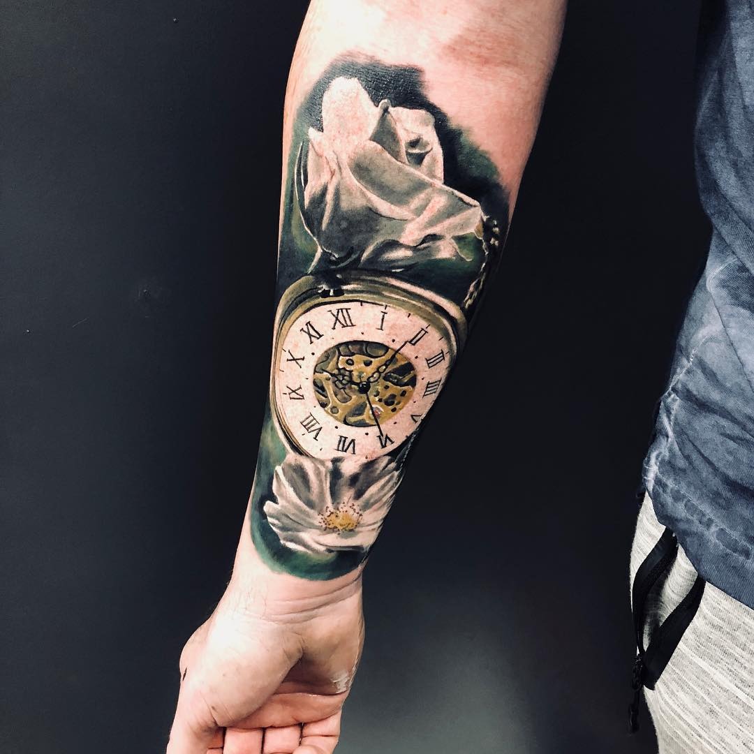 Pocket Watch and Banner Forearm Tattoo with Inspirational Message Tattoo Design