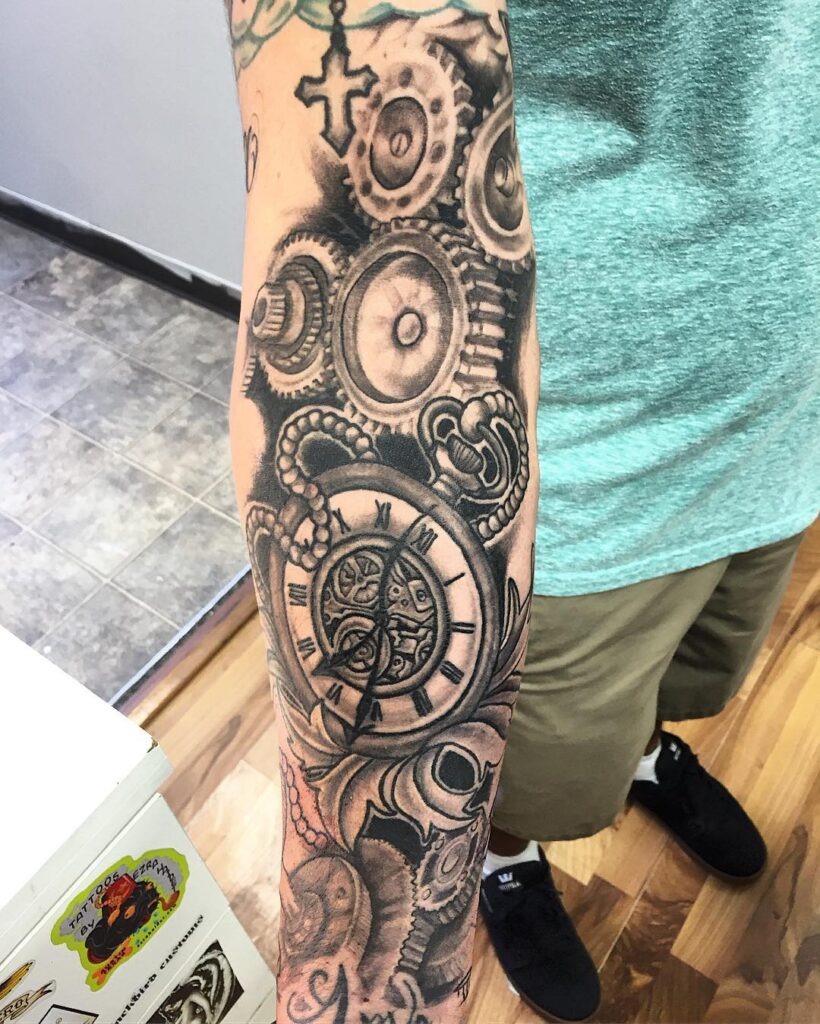 Pocket Watch and Dove Memorial Tattoo Sleeve Tattoo Design